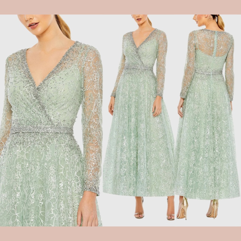 NWT Mac Duggal [ 12 ] 20366 Embellished Wrap Over Long‎ Sleeve Midi Dress J1621